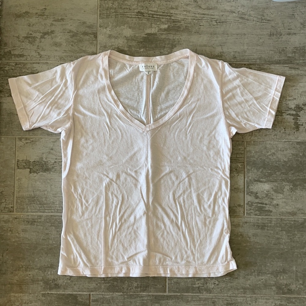 Velvet baby pink v neck t shirt